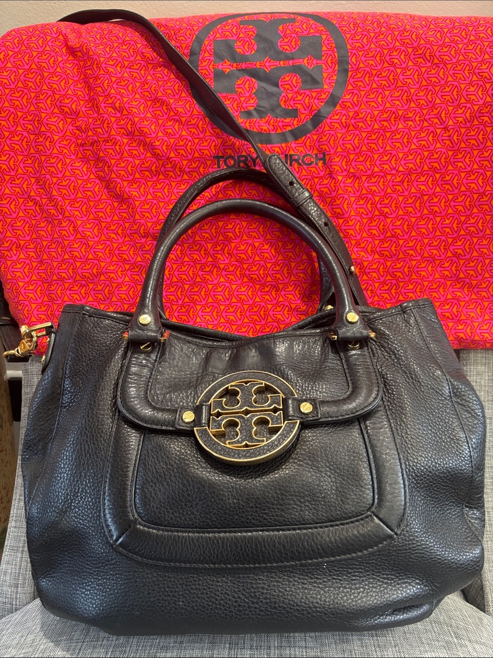 Tory Burch Black Leather Shoulder Satchel with Gold Logo